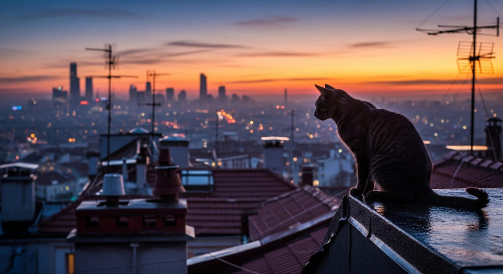 chat de gouttiere sur un toit la nuit