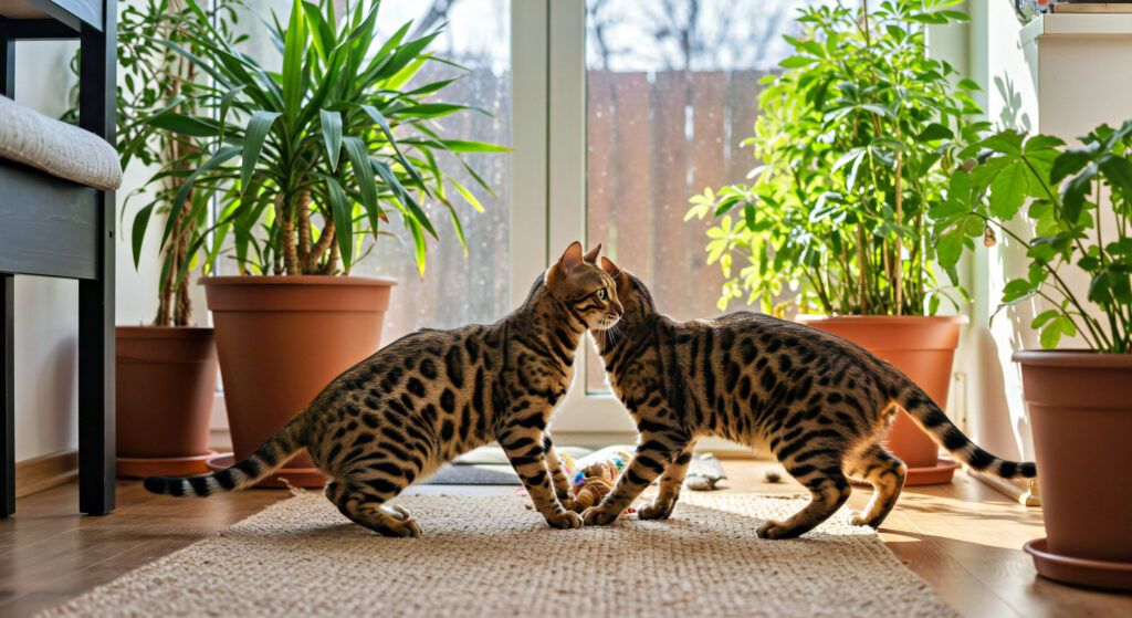 deux chats bengal sur un tapis pres des plantes