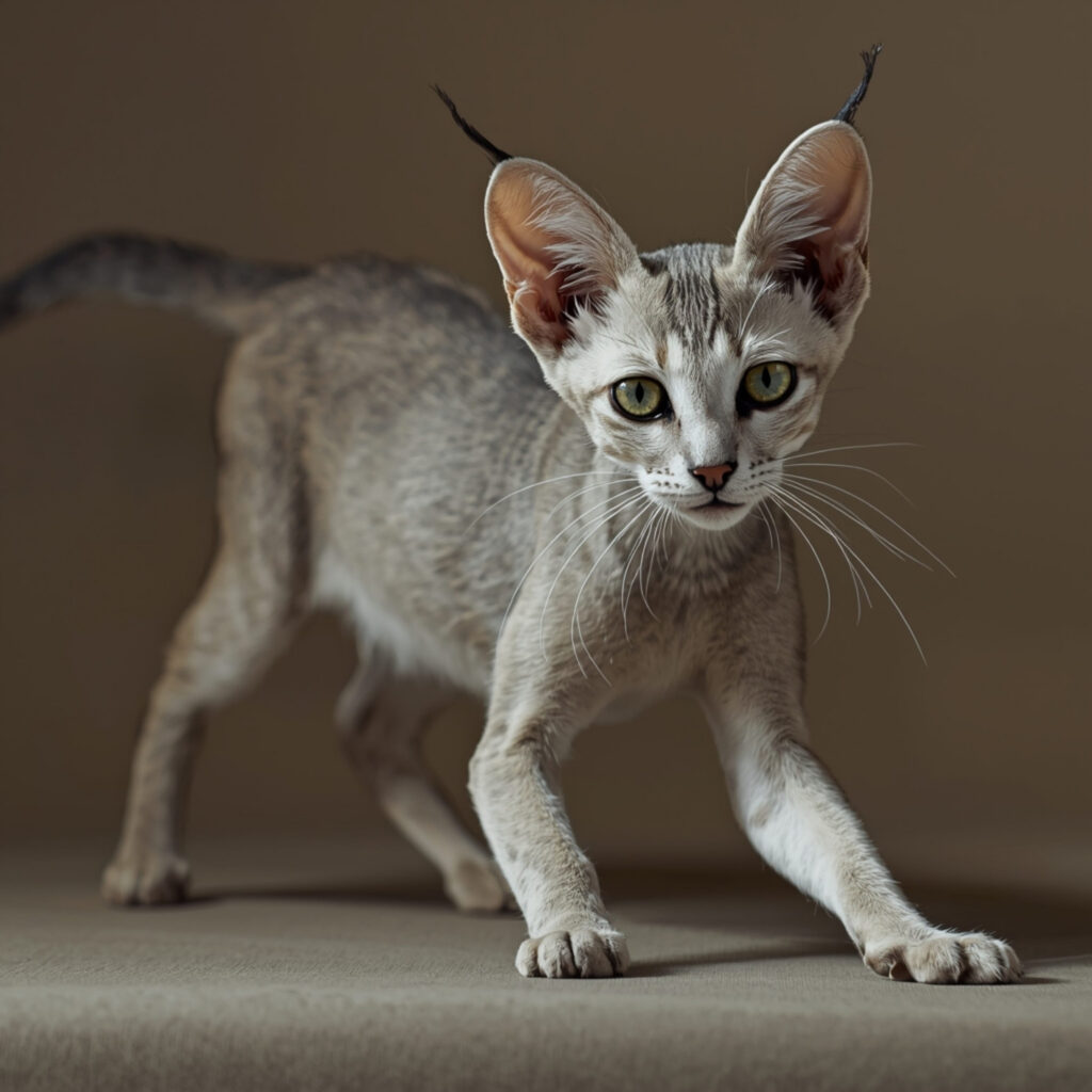 chaton oriental shorthair gris debout regarde l objectif