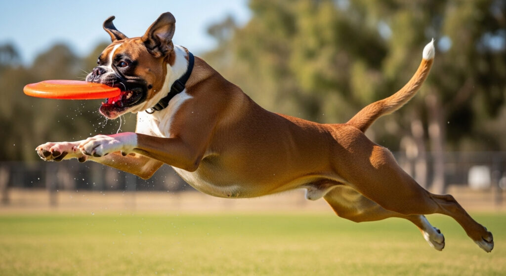 chien boxer en plein saut avec un frisbee dans la gueule