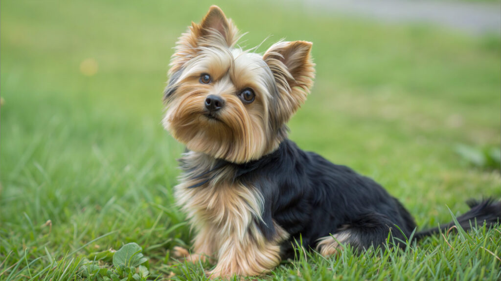 chiot yorkshire terrier assis dans l herbe