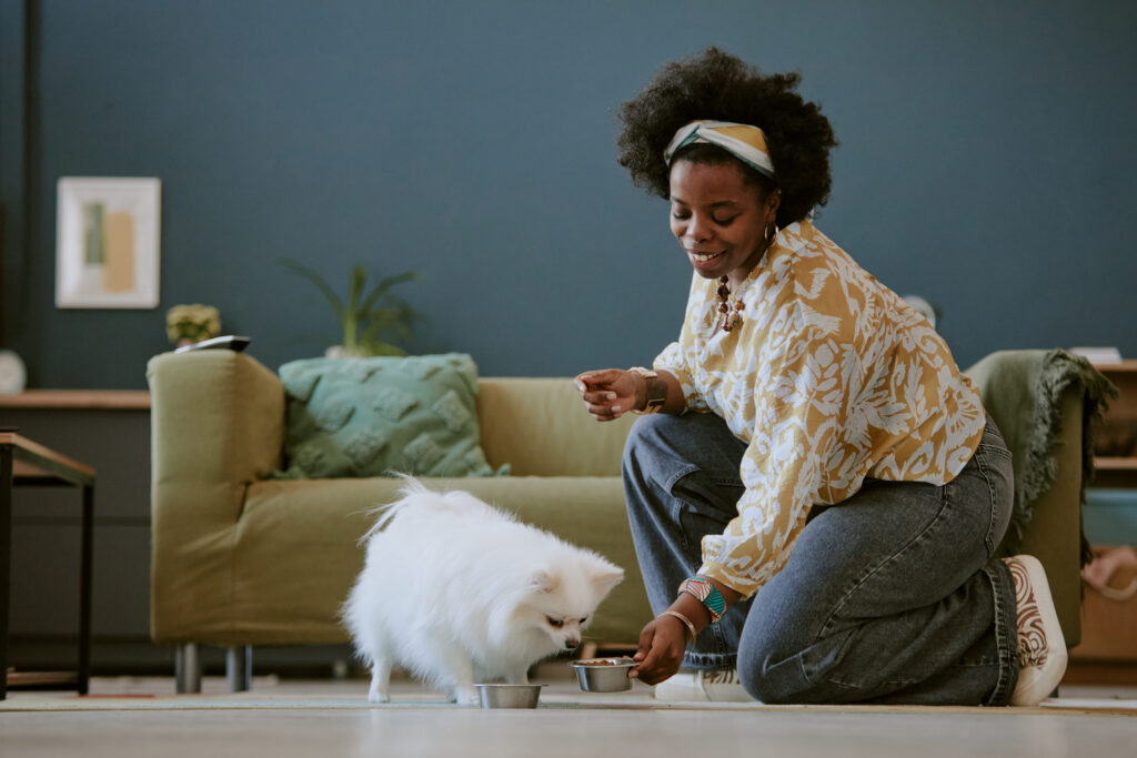 femme qui donne a manger a un chien dans un salon