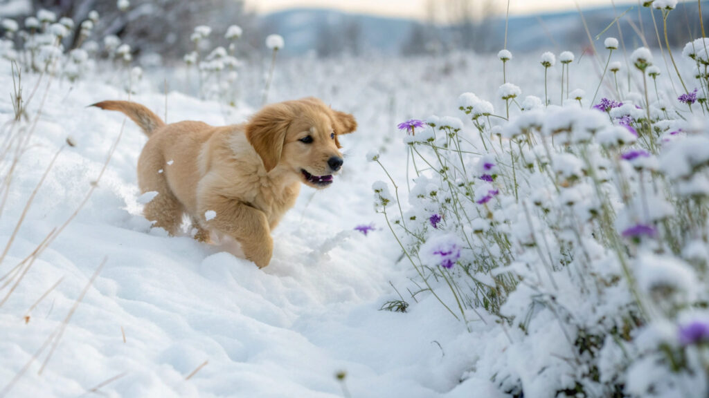 chiot golden retriever qui marche dans la neige