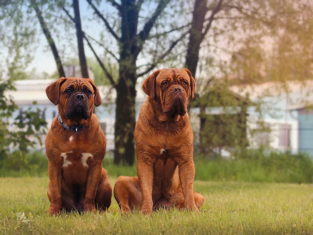 dogue de bordeaux assis dans l herbe
